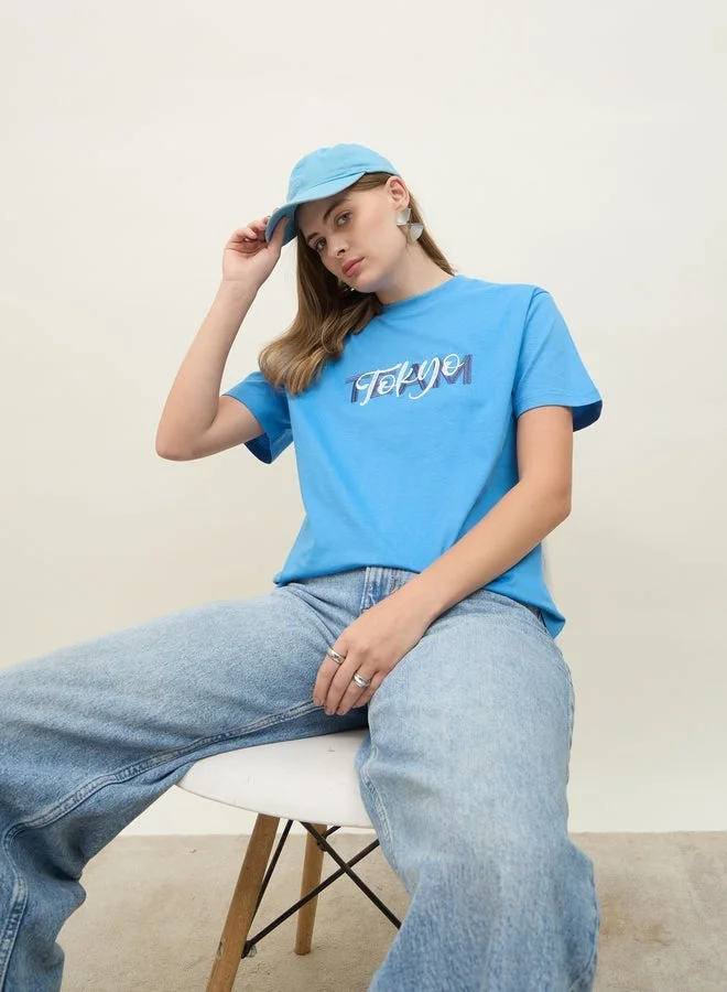 Styli Embroidered Slogan Boxy Fit Round Neck T-Shirt